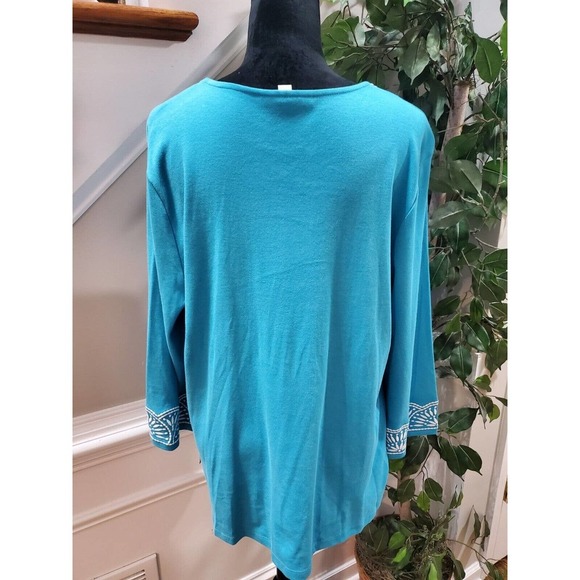 JM Collection Women's Blue Cotton V-Neck Long Sleeve Casual Top Blouse X-Large - Picture 9 of 14